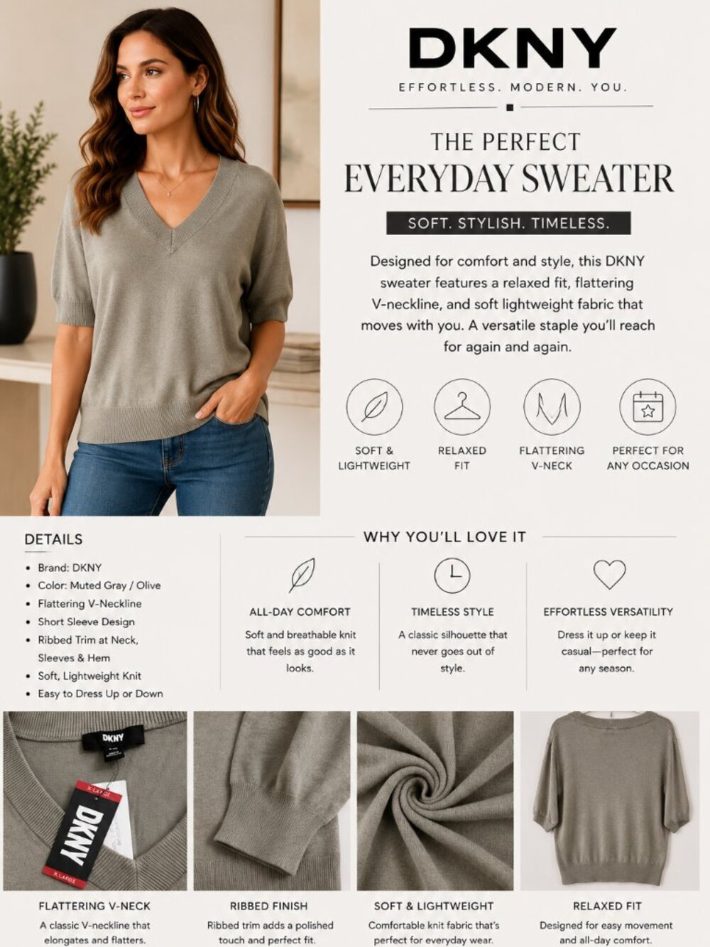 DKNY Lightweight V-Neck Sweater Size XL